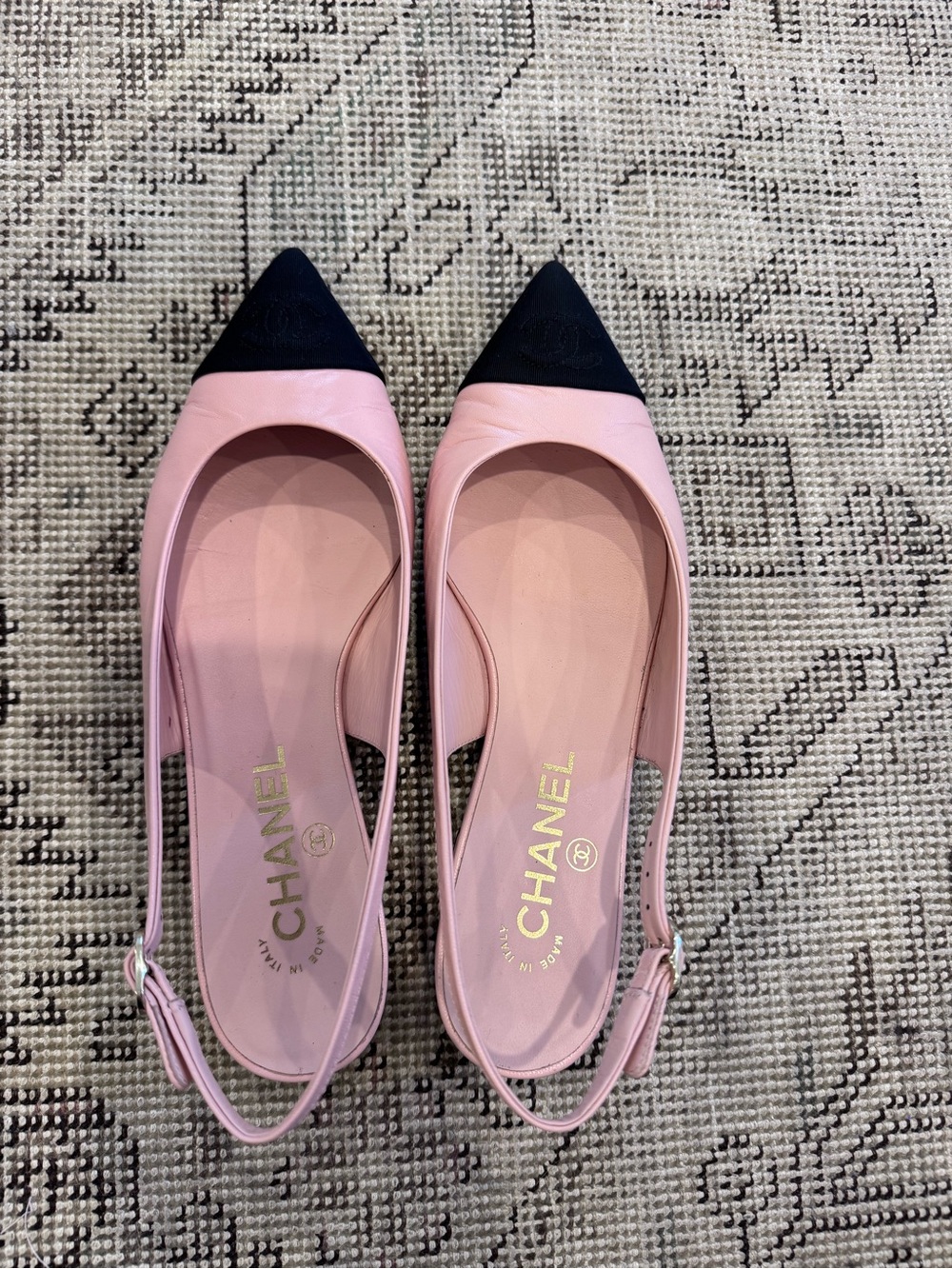 CHANEL Pink and Black Pointed Slingback Flats